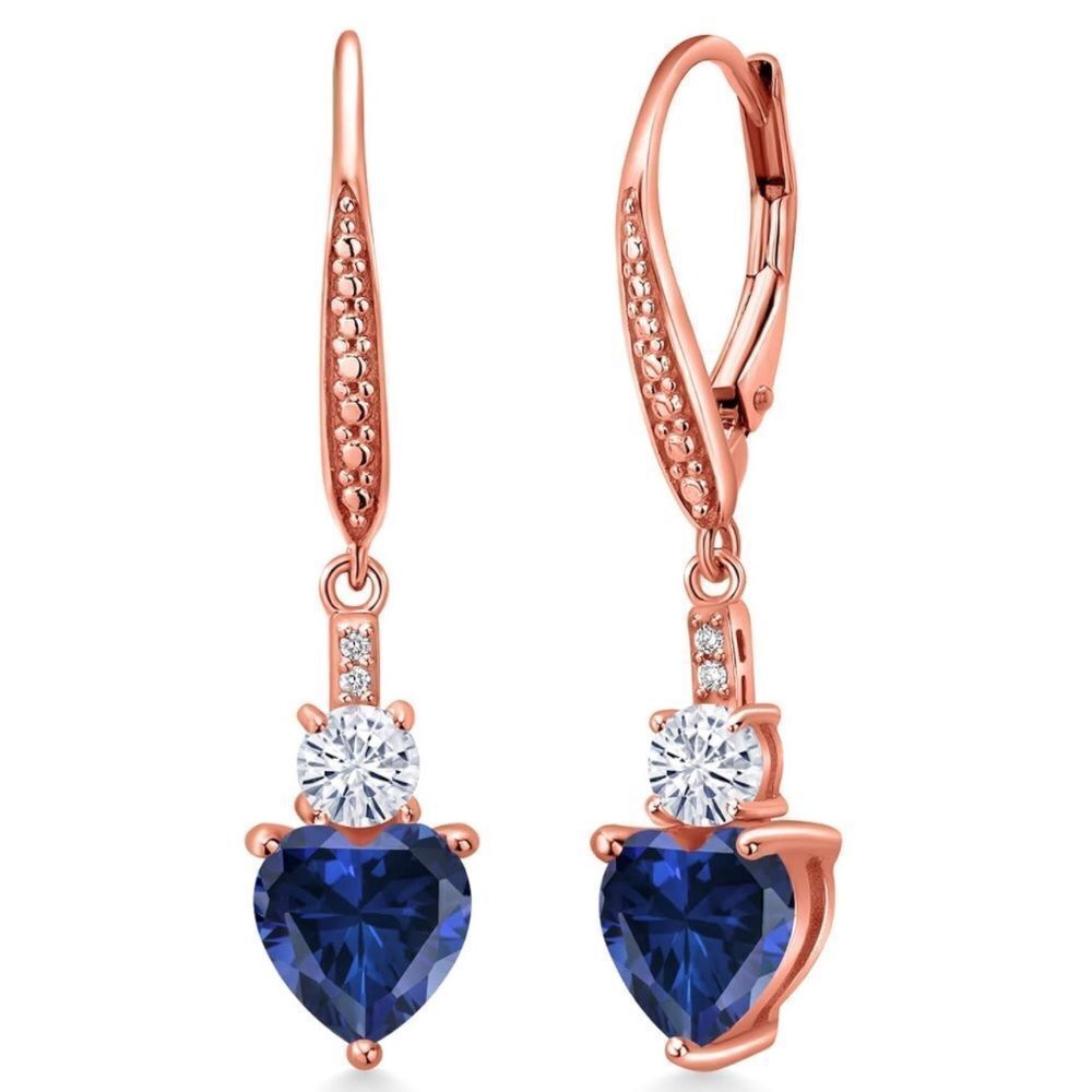 18K Rose Gold with 2.69 Cttw Blue Sapphire and Moissanite Heart Drop Earrings
